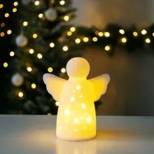 Angel z LED lučko, porcelan, 11x13cm