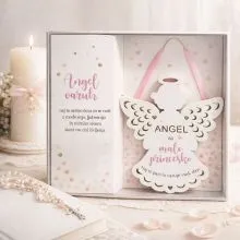 Angel za malo princesko s povetilom, roza, iz lesa, v darilni embalaži, 14cm