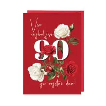 Voščilnica, rojstni dan, ženska, Vse najboljše za rojstni dan 90, vrtnice, rdeča
