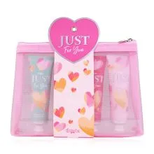 Kopalni set JUST FOR YOU, 30ml gel za tuširanje, 30ml mleko za telo, 30ml krema za roke in nohte, z vonjem Tea Rose & Velvet, v kozmetični torbici
