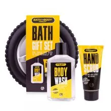 Kopalni set, BATH + BODY TOOLKIT, (160ml gel za tuširanje, 60ml peeling z roke), z vonjem: Sandalwood & Musk v darilni embalaži v obliki pneumatike