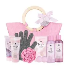 Kopalni set PINK ROSE, (200ml gel za tuširanje, 200ml pena za kopel, 100ml mleko za telo 100ml peeling za telo, 55g trdo milo, 2 * 15g kopalne kroglice, goba za umivanje, rokavica za peeling), z vonjem: Velvet Rose, v darilni embalaži