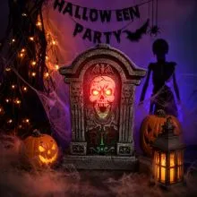 Dekoracija za Halloween, spomenik RIP z okostnjakom, z LED očmi, zvokom, premikajoč, stiropor, 45.5x31x9cm
