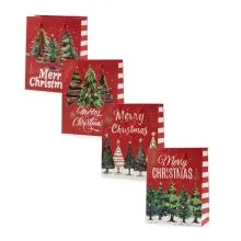 Vrečka darilna, božična, smreke, Merry Christmas, 23x18x10cm, sort.