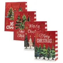 Vrečka darilna, božična, smreke, Merry Christmas, 40x30x12cm, sort.