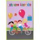 Voščilo, čestitka - otroška, otroci na kolesu, vijolična, Iskrene čestitke