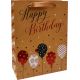 Vrečka darilna, 32x26x10 cm, Happy Birthday, baloni, zlata, bleščice