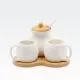 Set za kavo - 2 skodelici, 120ml in posodica za sladkor s pokrovom in žličko, porcelan, na podstavku iz bambusa, 8cm