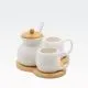 Set za kavo - 2 skodelici, 120ml in posodica za sladkor s pokrovom in žličko, porcelan, na podstavku iz bambusa, 8cm