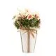 Naravno suho preparirano cvetje kombinirano z umetnim - velike marjetice, v cvetličnem lončku iz valovite lepenke, polietilen, svila, rafia, 19x19x28cm
